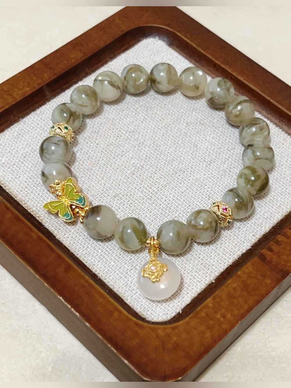 Handmade Green Lepidolite Bracelet Butterfly Charm & Peace Dangle 10mm
